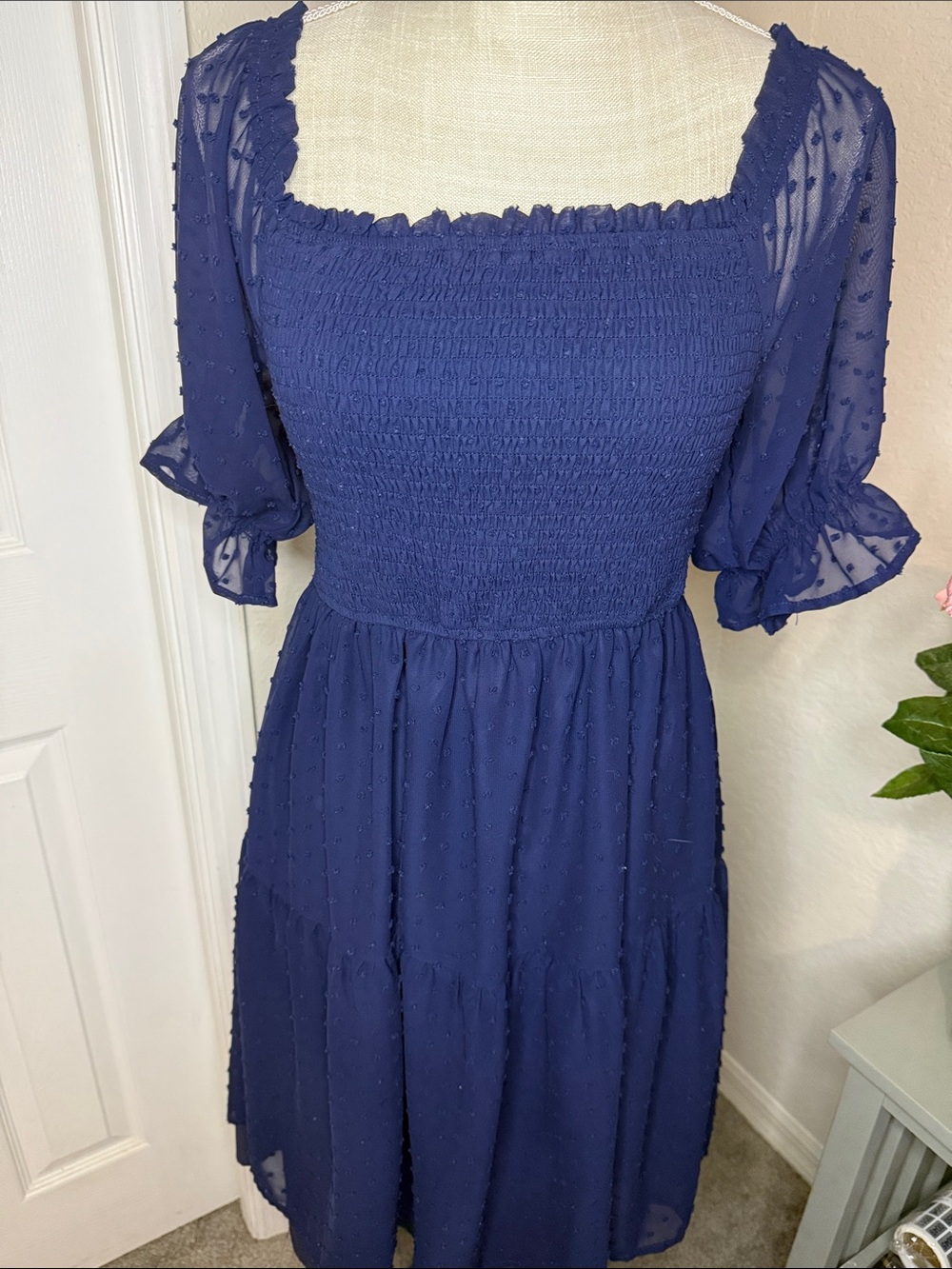 Women's Navy Square Neck Smocked Midi Dress